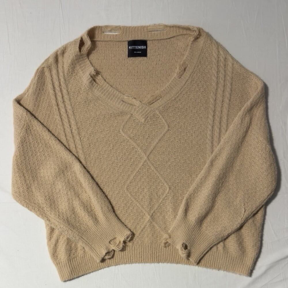 Kittenish - Women’s V-neck Distressed Style Cardigan Sweater Beige Size XXL